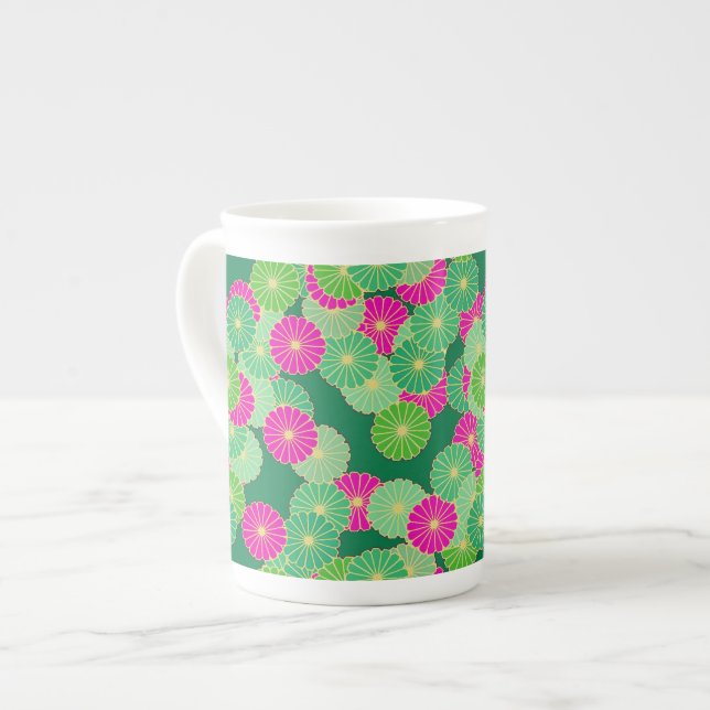 Art Deco flower pattern - shades of green, fuchsia Bone China Mug (Front Left)