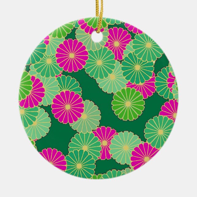 Art Deco flower pattern - shades of green, fuchsia Ceramic Ornament (Front)