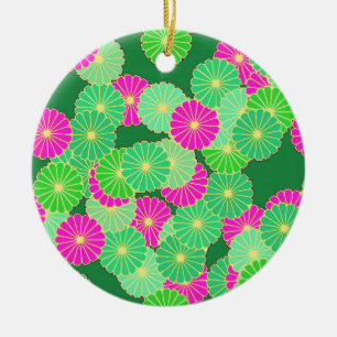 Art Deco flower pattern - shades of green, fuchsia Ceramic Tree Decoration