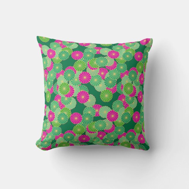 Art Deco flower pattern - shades of green, fuchsia Cushion (Front)