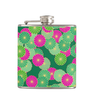 Art Deco flower pattern - shades of green, fuchsia Hip Flask