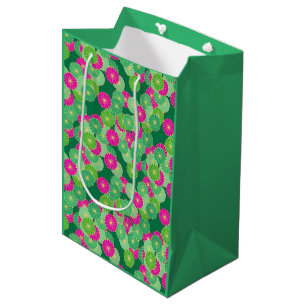 Art Deco flower pattern - shades of green, fuchsia Medium Gift Bag