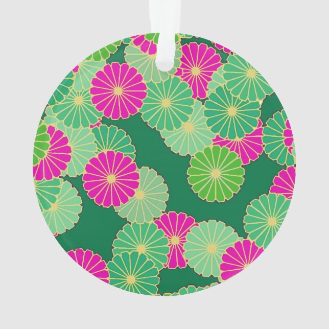 Art Deco flower pattern - shades of green, fuchsia Ornament (Back)
