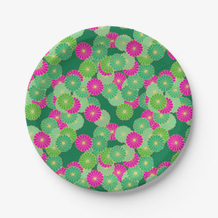 Art Deco flower pattern - shades of green, fuchsia Paper Plate