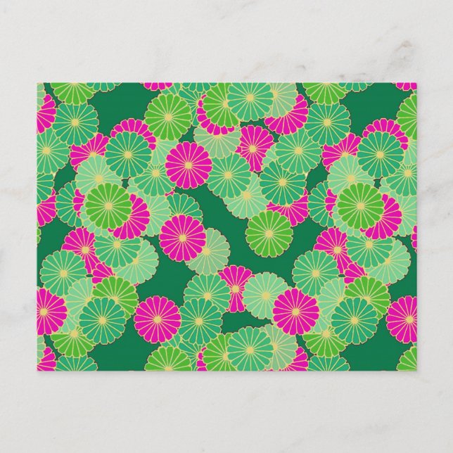 Art Deco flower pattern - shades of green, fuchsia Postcard (Front)