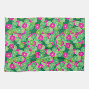 Art Deco flower pattern - shades of green, fuchsia Tea Towel