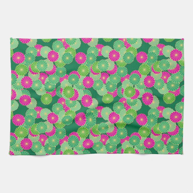 Art Deco flower pattern - shades of green, fuchsia Tea Towel (Horizontal)