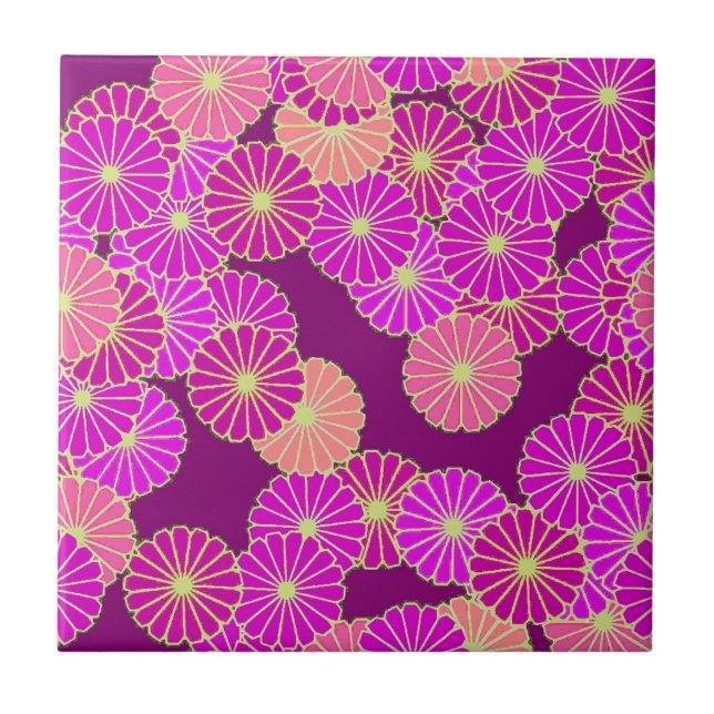 Art Deco flower pattern - shades of violet, coral Ceramic Tile (Front)