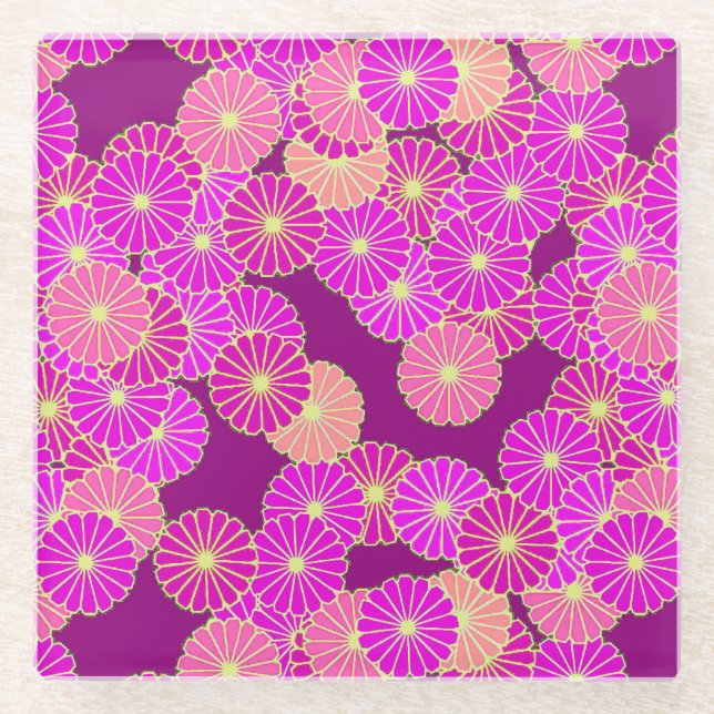Art Deco flower pattern - shades of violet, coral Glass Coaster (Front)