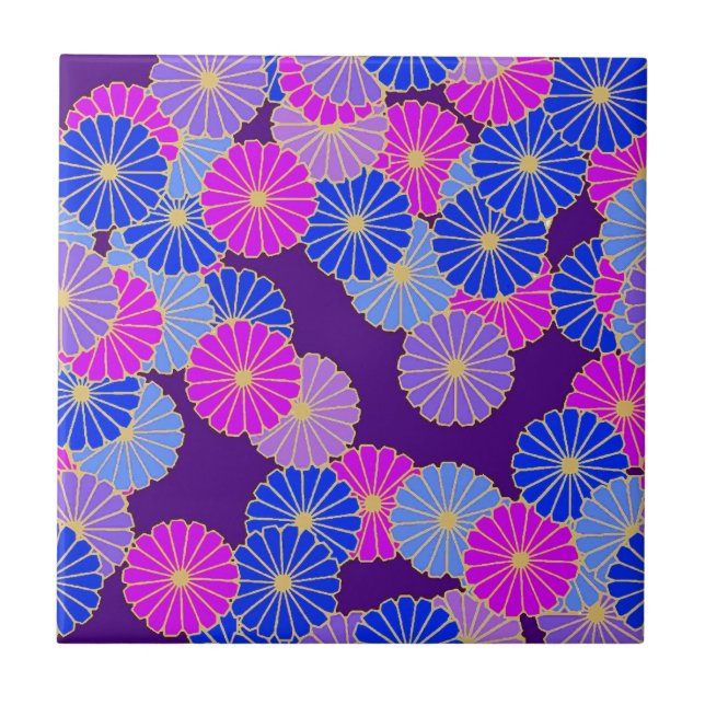 Art Deco flower pattern - violet, blue and purple Ceramic Tile (Front)