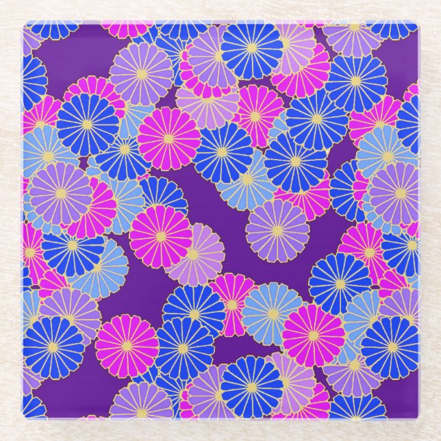 Art Deco flower pattern - violet, blue and purple Glass Coaster (Front)