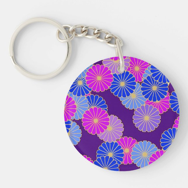 Art Deco flower pattern - violet, blue and purple Key Ring (Front)