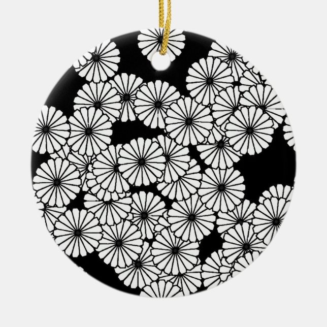 Art Deco flower pattern - white on black Ceramic Ornament (Front)