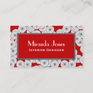Art Deco flower pattern - white on deep red Business Card