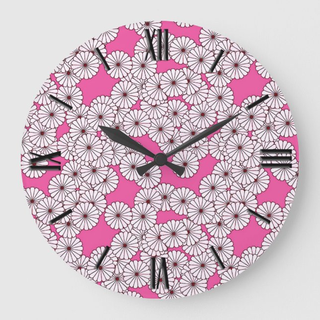 Art Deco flower pattern - white on pink Large Clock (Front)