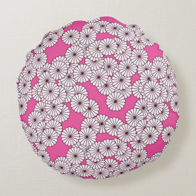 Art Deco flower pattern - white on pink Round Cushion (Back)