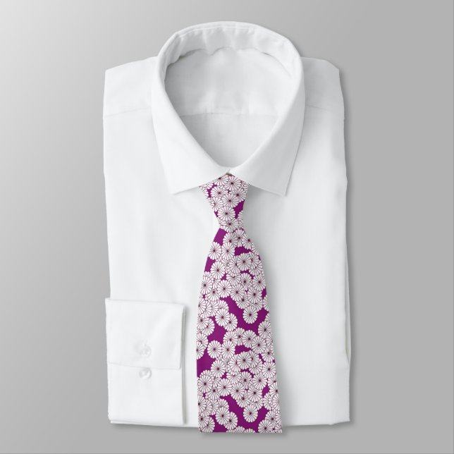 Art Deco flower pattern - white on purple Tie (Tied)