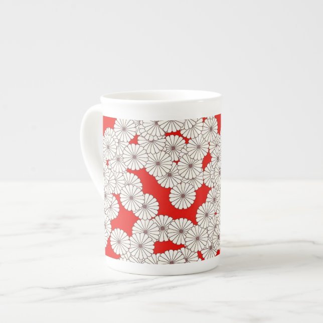 Art Deco flower pattern - white on red Bone China Mug (Front Left)