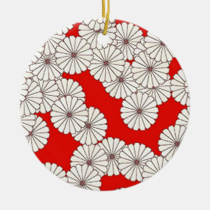 Art Deco flower pattern - white on red Ceramic Ornament