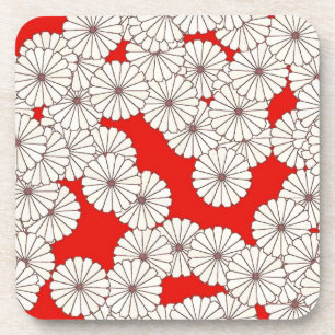 Art Deco flower pattern - white on red Coaster