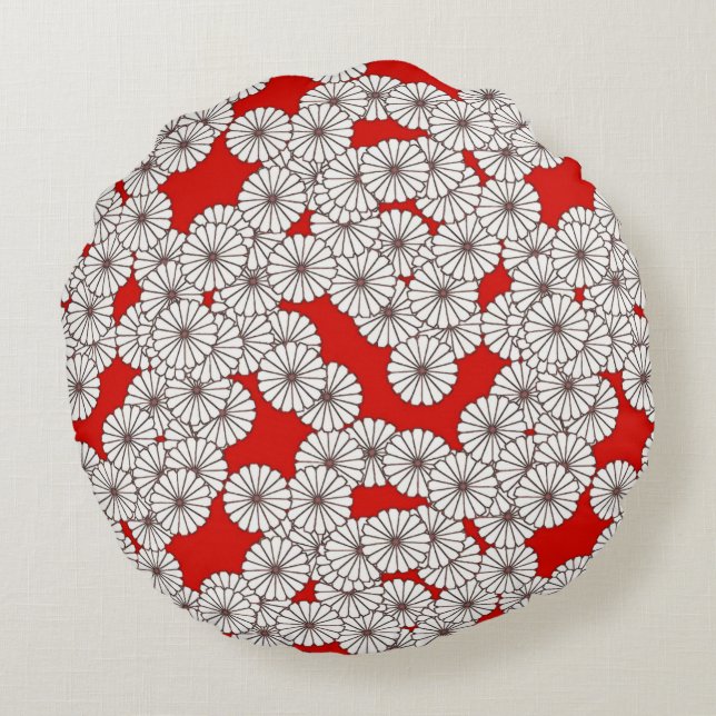 Art Deco flower pattern - white on red Round Cushion (Back)