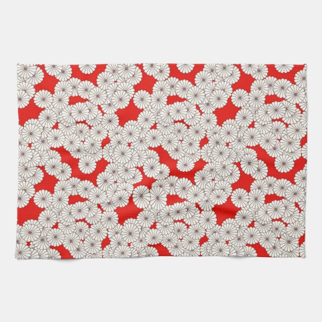 Art Deco flower pattern - white on red Tea Towel (Horizontal)