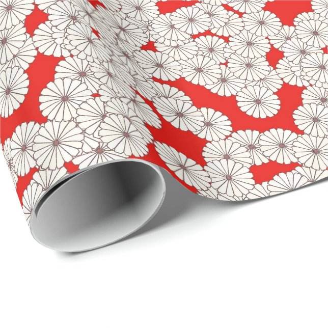 Art Deco flower pattern - white on red Wrapping Paper (Roll Corner)