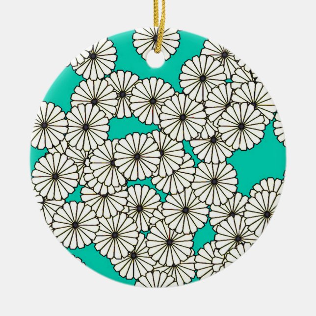 Art Deco flower pattern - white on turquoise Ceramic Tree Decoration (Front)