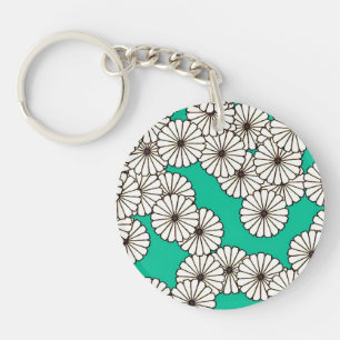 Art Deco flower pattern - white on turquoise Key Ring