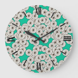 Art Deco flower pattern - white on turquoise Large Clock