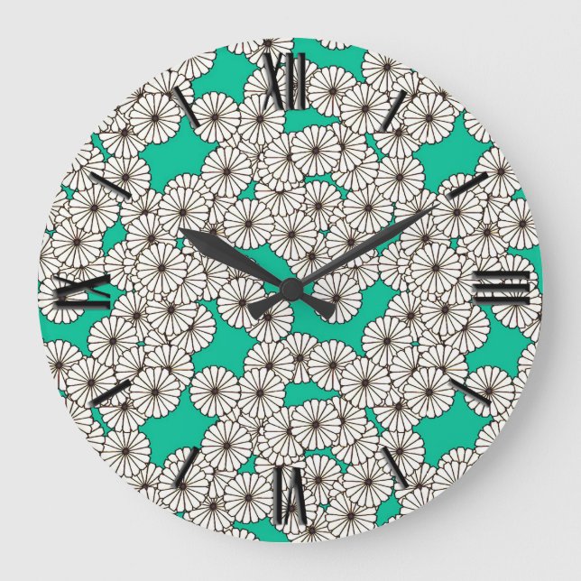 Art Deco flower pattern - white on turquoise Large Clock (Front)