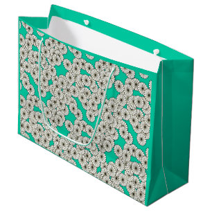 Art Deco flower pattern - white on turquoise Large Gift Bag