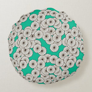 Art Deco flower pattern - white on turquoise Round Cushion