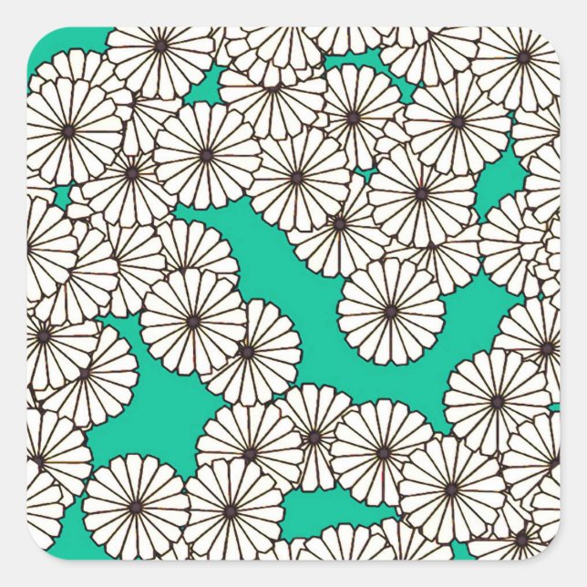 Art Deco flower pattern - white on turquoise Square Sticker (Front)