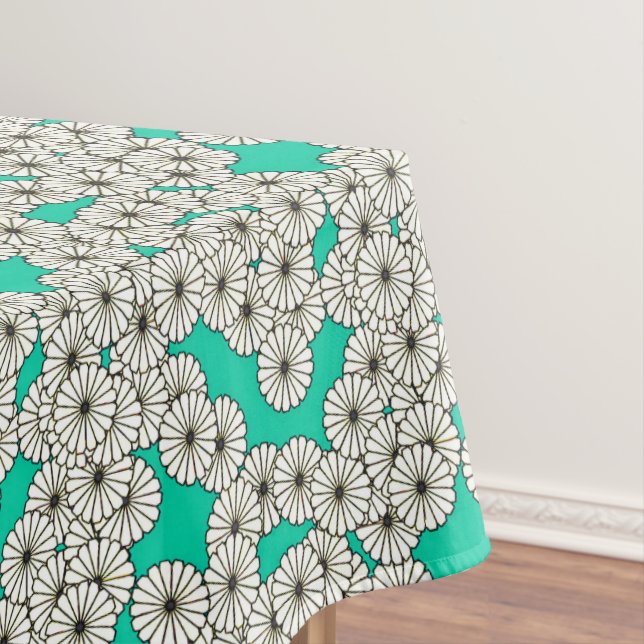 Art Deco flower pattern - white on turquoise Tablecloth (In Situ)