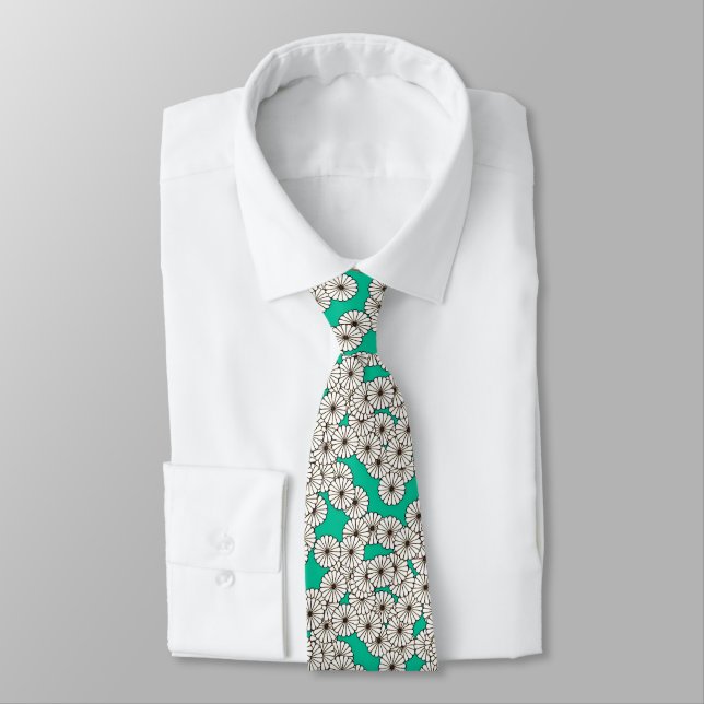 Art Deco flower pattern - white on turquoise Tie (Tied)