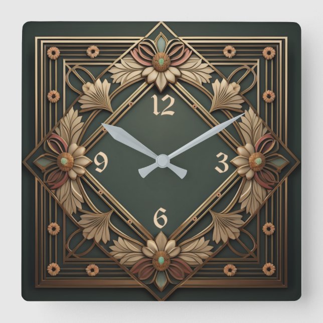 Art Deco Flower Square Wall Clock (Front)