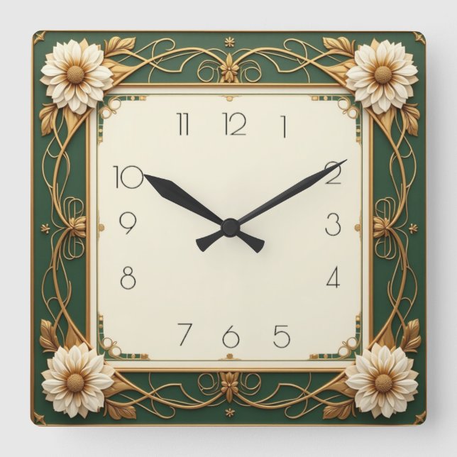 Art Deco Flower Square Wall Clock (Front)