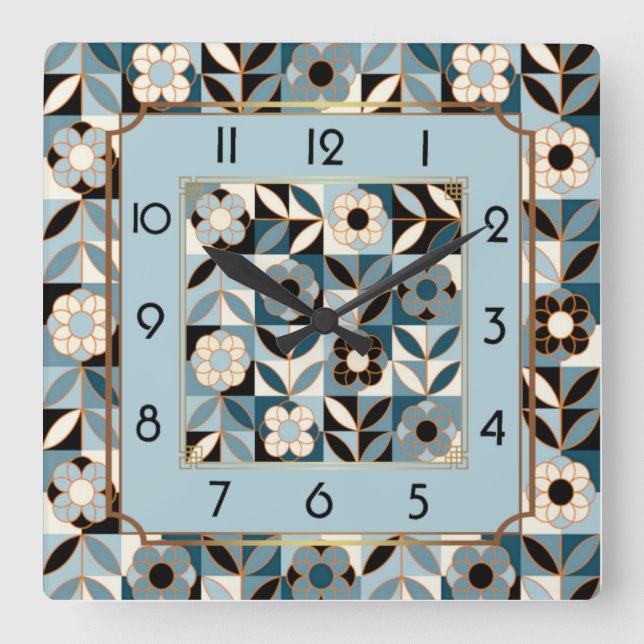 Art Deco flowers blue Square Wall Clock (Front)