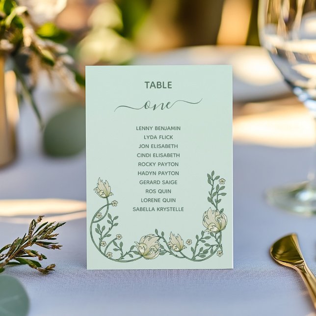 Art deco flowers green Table Number Seating Chart (Art deco flowers wedding reception botanical green and cream Table Number Seating Chart)