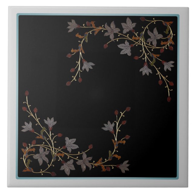 Art Deco Flowers On Black Ceramic Tile (Front)