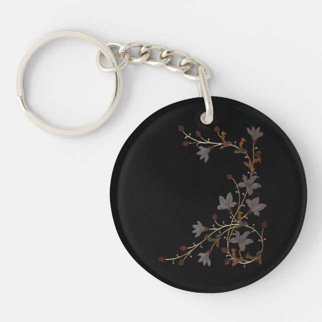 Art Deco Flowers On Black Key Ring (Front)