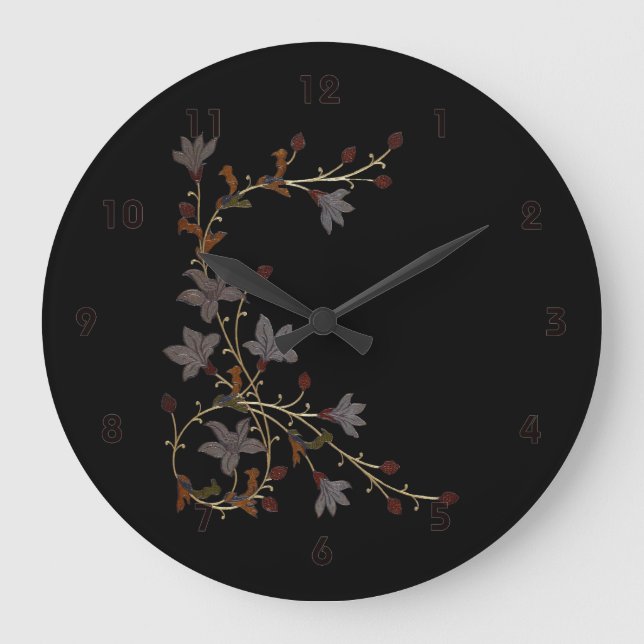 Art Deco Flowers On Black Large Clock (Front)