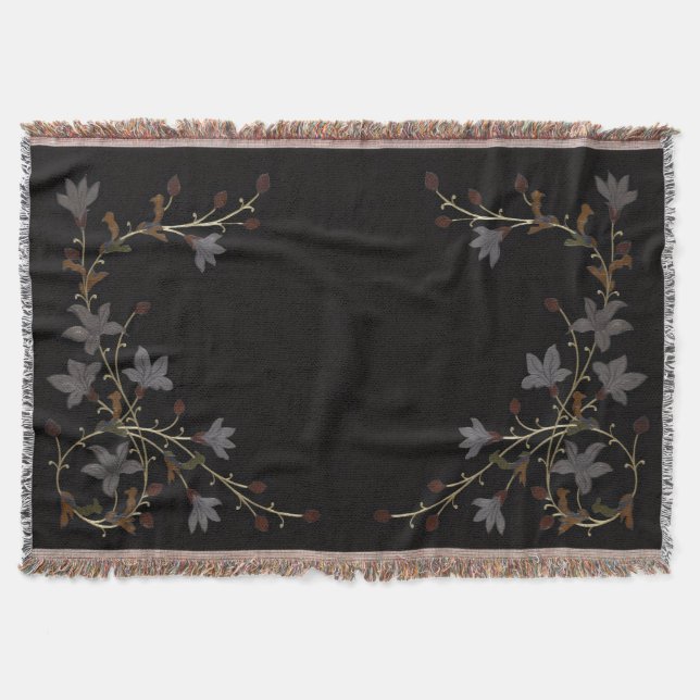 Art Deco Flowers On Black Throw Blanket (Front)
