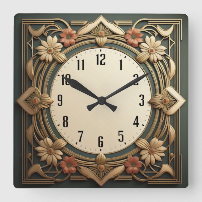 Art Deco Flowers Square Wall Clock (Front)