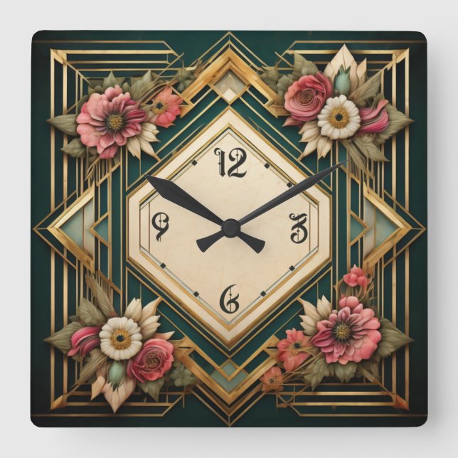 Art Deco Flowers Square Wall Clock (Front)