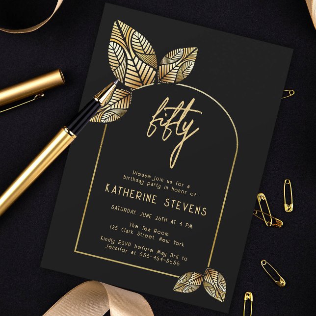 Art Deco Foliage Gold Boho Botanical 50th Birthday Invitation (art deco 50th birthday invitation card diy women botanical gold foliage stylized gatsby roaring 20s )