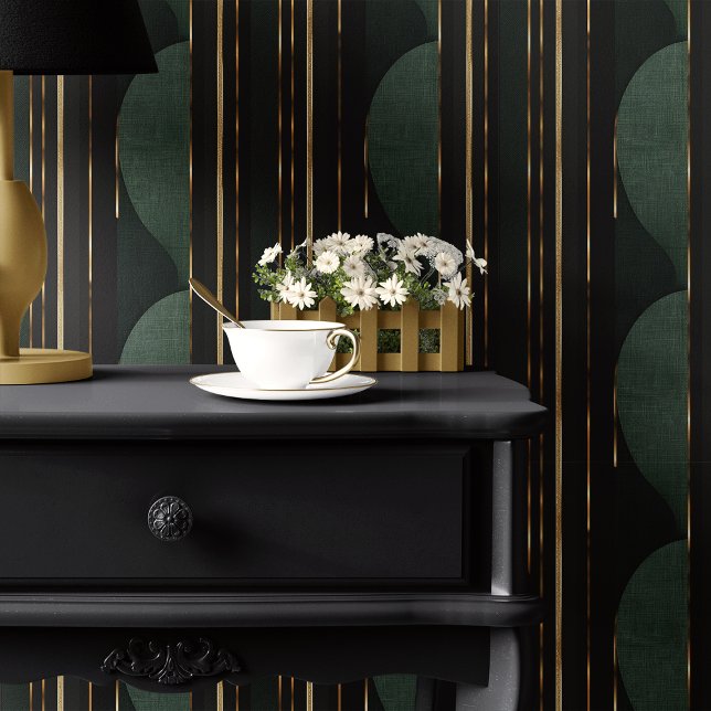 Art Deco Forest Green and Gold Circle Stripe Wallpaper (Creator Uploaded)