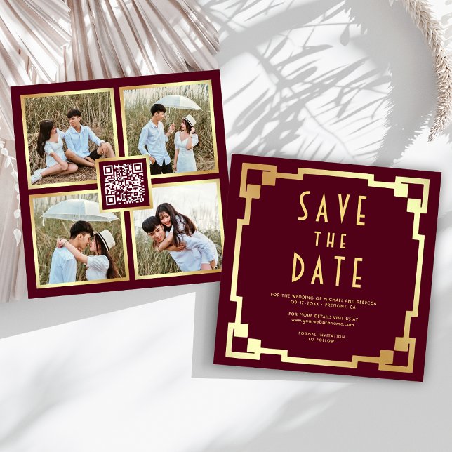 Art Deco Frame Burgundy Gold QR Code Wedding Save The Date (Creator Uploaded)