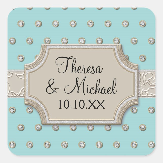 Art Deco Frame Champagne Silver Jewel Dots Square Sticker (Front)